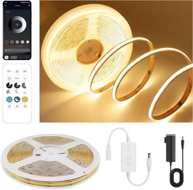 Main image of COB LED Strip Lights Warm White 24V Dimmable led Light Strip KIT with Remote and app Control 2700K 9.84FT/3m 8mm Wide Ra>90 Cuttable Flexible Strip Lights for Bedroom TV Lights Cabinet