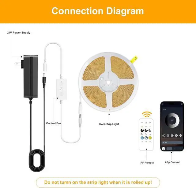 Alt view image 3 of 7 - COB LED Strip Lights Warm White 24V Dimmable led Light Strip KIT with Remote and app Control 2700K 9.84FT/3m 8mm Wide Ra>90 Cuttable Flexible Strip Lights for Bedroom TV Lights Cabinet