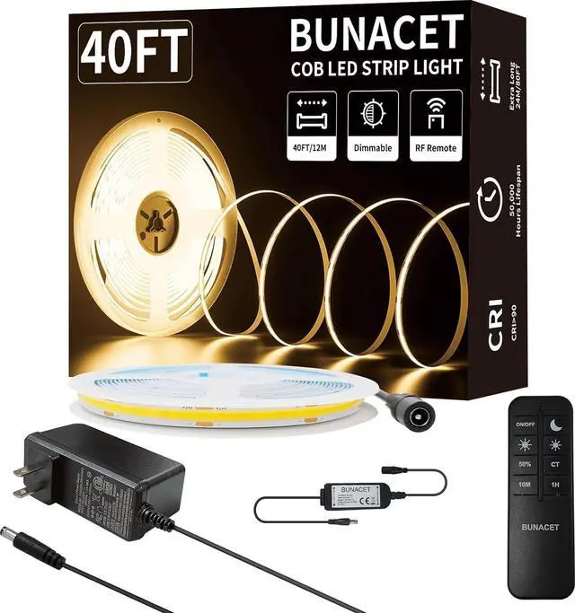Main image of COB LED Strip Light 40ft/12m (1 Roll) Warm White 3000K High Lumen CRI 90+ with UL Listed Power Adapter RF Remote for Bedroom Counter Under Cabinet Kitchen Projects