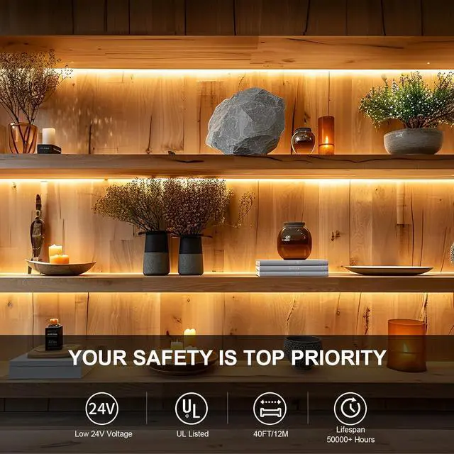 Alt view image 2 of 7 - COB LED Strip Light 40ft/12m (1 Roll) Warm White 3000K High Lumen CRI 90+ with UL Listed Power Adapter RF Remote for Bedroom Counter Under Cabinet Kitchen Projects