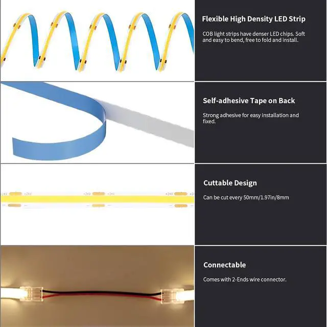 Alt view image 5 of 7 - COB LED Strip Light 40ft/12m (1 Roll) Warm White 3000K High Lumen CRI 90+ with UL Listed Power Adapter RF Remote for Bedroom Counter Under Cabinet Kitchen Projects