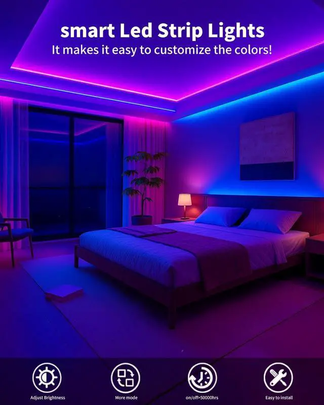 Alt view image 4 of 7 - Smart LED Strip Lights 200FT (2 Rolls of 100 ft) for Bedroom App Control Lighting Bedroom Rome Decor with Remote RGB Music Sync Color Changing LED Lights for Party Game Room
