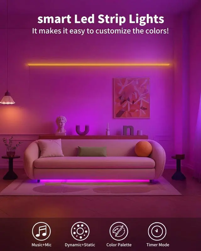 Alt view image 6 of 7 - Smart LED Strip Lights 200FT (2 Rolls of 100 ft) for Bedroom App Control Lighting Bedroom Rome Decor with Remote RGB Music Sync Color Changing LED Lights for Party Game Room