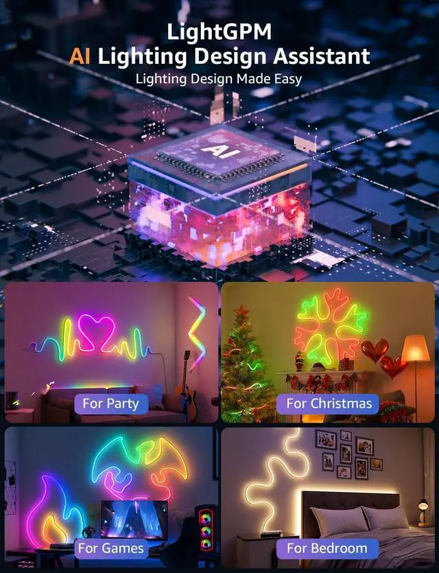 Alt view image 3 of 7 - N1 AI Smart RGB Rope Lights for Christmas Decorations LLM AI Generated Lighting LightBeats Music Sync Color Segment DIY Voice Control Via App 9.84ft Wi-Fi & Bluetooth LED Strip Lights