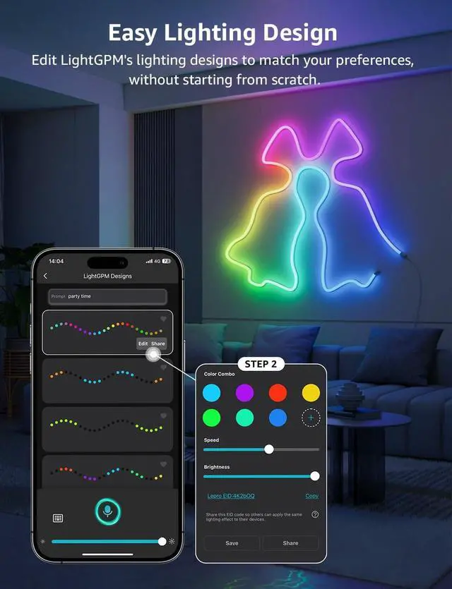 Alt view image 5 of 7 - N1 AI Smart RGB Rope Lights for Christmas Decorations LLM AI Generated Lighting LightBeats Music Sync Color Segment DIY Voice Control Via App 9.84ft Wi-Fi & Bluetooth LED Strip Lights