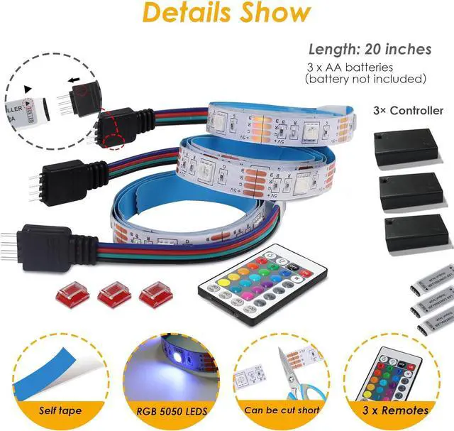 Alt view image 2 of 7 - 3-Pack Shelf Lights Upgrade Battery Operated 20inch Led Strip Lights with Remote Color Change with Timer Floating Shelves LED Wall Lights DIY Led for Bedroom Kitchen Indoor Room Decor