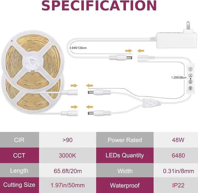 Alt view image 5 of 7 - 65.6ft COB LED Strip Light with Remote 3000K Dimmable Bright Warm White Led Lights Strip Flexible DC24V Led Tape Light for Bedroom Kitchen DIY Lighting (2 Rolls of 32.8ft)