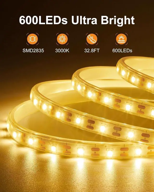 Alt view image 2 of 7 - 32.8FT Solar LED Strip Lights Outdoor Warm White 600LEDs Solar & USB Powered Dimmable Strip Lights with Remote IP65Waterproof LED Strips for Gazebo Balcony Swimming Pool Deck Decor