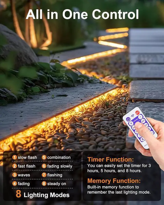 Alt view image 5 of 7 - 32.8FT Solar LED Strip Lights Outdoor Warm White 600LEDs Solar & USB Powered Dimmable Strip Lights with Remote IP65Waterproof LED Strips for Gazebo Balcony Swimming Pool Deck Decor