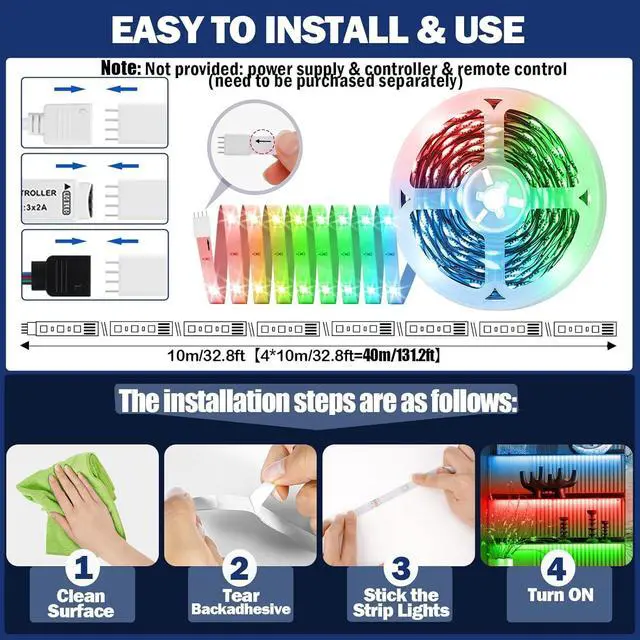 Alt view image 2 of 5 - 131.2ft LED Strip Lights(4 Rolls of 32.8ft) 480LEDs 5050 RGB Color Changing LED Light Strips with 4-Pin Connector Self-adhesive Flexible LED Rope Lights DIY Cuttable LED Lights for Lighting Decoration