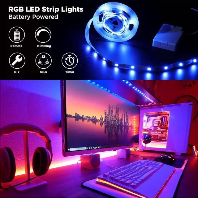 Alt view image 2 of 7 - Battery Powered LED Strip Lights with Timer 6.56 ft RGB DIY Lights with Remote Control for Bedroom TV Party Piano Cabinet Decor Indoor Use