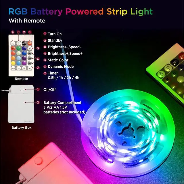 Alt view image 3 of 7 - Battery Powered LED Strip Lights with Timer 6.56 ft RGB DIY Lights with Remote Control for Bedroom TV Party Piano Cabinet Decor Indoor Use