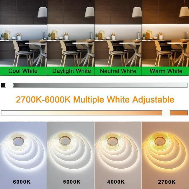 Alt view image 2 of 7 - 24V COB LED Strip Lights White CCT 2700K-6000K 610LM/FT Ultra Bright UL Listed 16.4ft 640LEDs/M High Density CRI 92+ 90W Dimmable Tunable White LED Tape Light for Commercial Residential