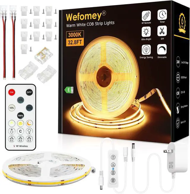 Main image of COB LED Strip Light Warm White 3000K 32.8ft Dimmable Bright 24V Led Tape Light with RF Remote Indoor COB Led Lights for Bedroom Kitchen Under Cabinet DIY Lighting 1 Rolls of 32.8ft