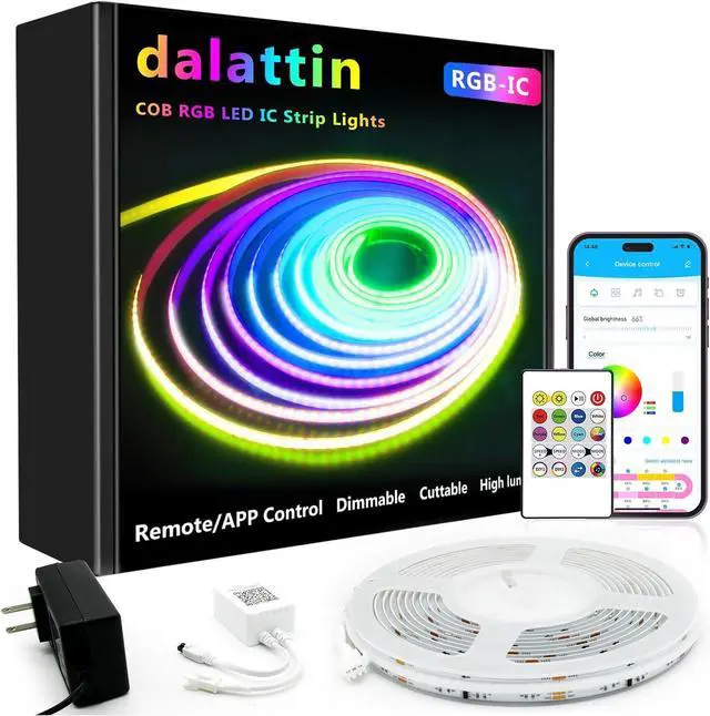Main image of Smart RGB COB LED IC Strip Lights 576 LEDs/m Addressable High Density Flexible with Remote & App Control 16.4ft LED Lights for Living Room Bedroom Kitchen Lighting