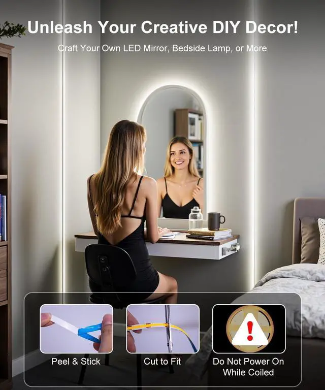 Alt view image 6 of 7 - COB Led Strip Light 16.4ft Warm White LED Lights for Bedroom Ultra Bright 24V Cabinet Strip Lighting with Remote Control Ambient Mood Lighting for DIY Mirror TV Nightstand Kitchen