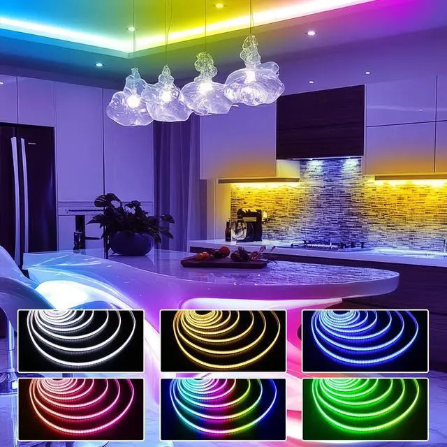 Alt view image 3 of 7 - Smart RGB COB LED IC Strip Lights 576 LEDs/m Addressable High Density Flexible with Remote & App Control 16.4ft LED Lights for Living Room Bedroom Kitchen Lighting