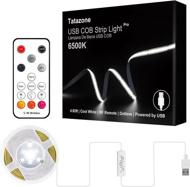 Main image of 5V USB COB Led Strip Light with RF Remote 4.92ft 6500K USB Powered COB Led Light Strip Dimmable Indoor COB Led Light for Cabinet TV Camping Monitor Showcase Motorhome
