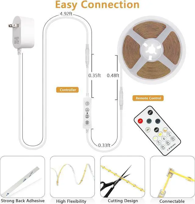 Alt view image 7 of 7 - COB LED Strip Light Warm White 3000K 32.8ft Dimmable Bright 24V Led Tape Light with RF Remote Indoor COB Led Lights for Bedroom Kitchen Under Cabinet DIY Lighting 1 Rolls of 32.8ft