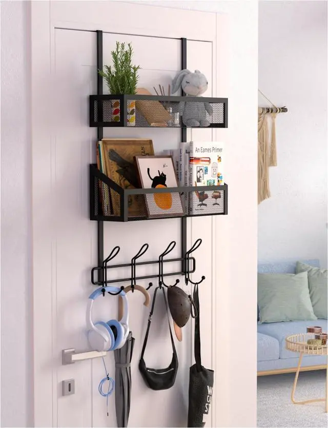 Main image of Over The Door Hooks Organizer Storage - Over The Door Hanger for Coat Rack Storage with 12 Hook & 2 Mesh Baskets for Bathroom Bedroom Kitchen Office (2Tier Basket with 12 Hooks)