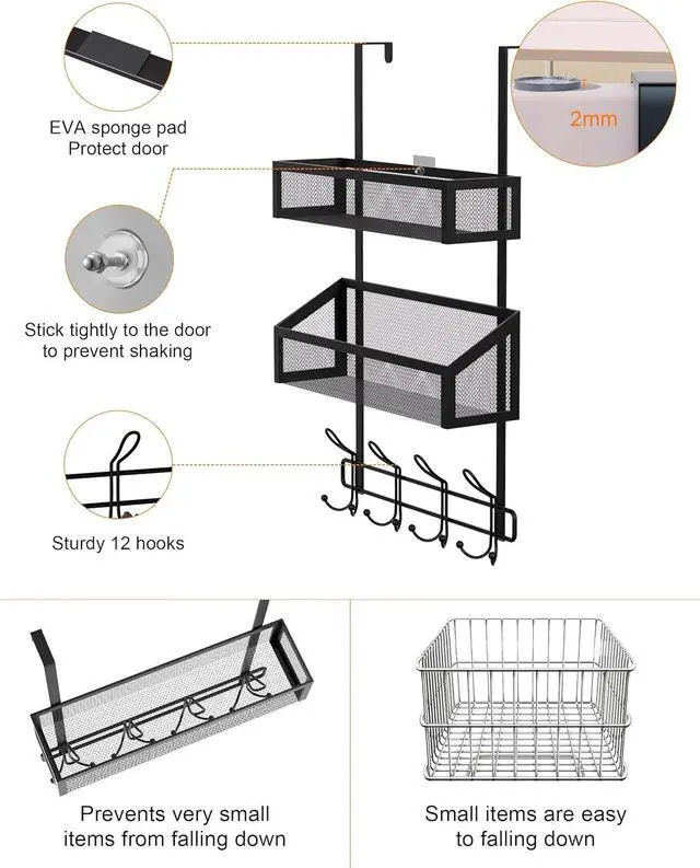 Alt view image 3 of 7 - Over The Door Hooks Organizer Storage - Over The Door Hanger for Coat Rack Storage with 12 Hook & 2 Mesh Baskets for Bathroom Bedroom Kitchen Office (2Tier Basket with 12 Hooks)