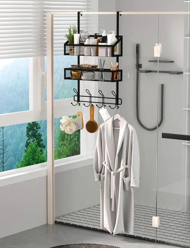 Alt view image 4 of 7 - Over The Door Hooks Organizer Storage - Over The Door Hanger for Coat Rack Storage with 12 Hook & 2 Mesh Baskets for Bathroom Bedroom Kitchen Office (2Tier Basket with 12 Hooks)