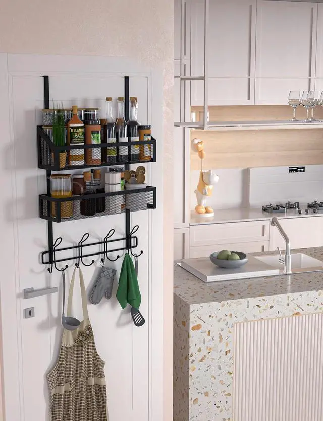 Alt view image 6 of 7 - Over The Door Hooks Organizer Storage - Over The Door Hanger for Coat Rack Storage with 12 Hook & 2 Mesh Baskets for Bathroom Bedroom Kitchen Office (2Tier Basket with 12 Hooks)