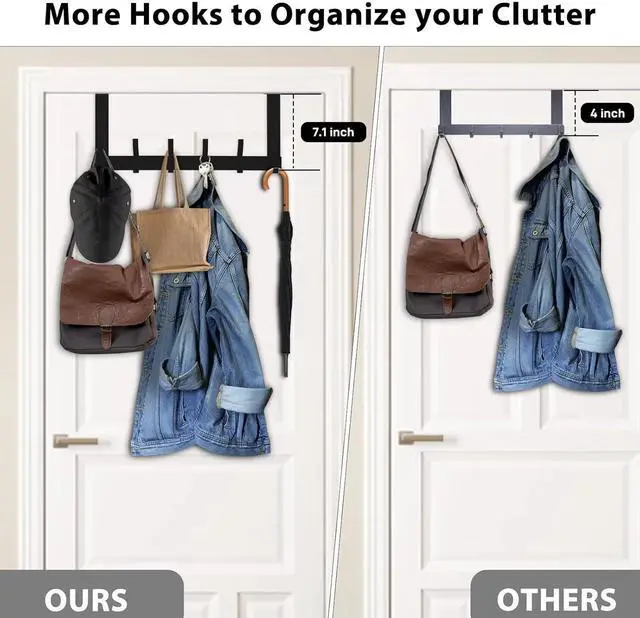 Alt view image 3 of 7 - Over The Door Hooks Door Hanger Hooks for Hanging Over The Doors Towel Racks for Bathroom with 12 Coat Hook Coat Rack Dorm Essentials Bathroom Accessories1 Pack Black