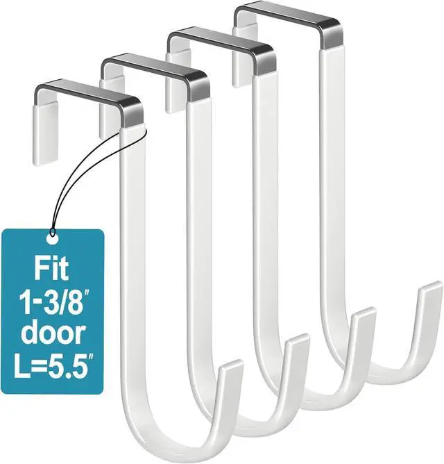 Main image of Over the Door Hooks 4Pcs L=5.5 Fit 1 3/8 Door Steel with White Rubber Coating Hanging Towel Robe Clothing Hanger for Bathroom Room Wreath Ironing Board Holder Cute Thin Single Heavy Duty