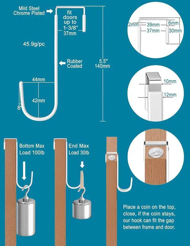 Alt view image 2 of 7 - Over the Door Hooks 4Pcs L=5.5 Fit 1 3/8 Door Steel with White Rubber Coating Hanging Towel Robe Clothing Hanger for Bathroom Room Wreath Ironing Board Holder Cute Thin Single Heavy Duty