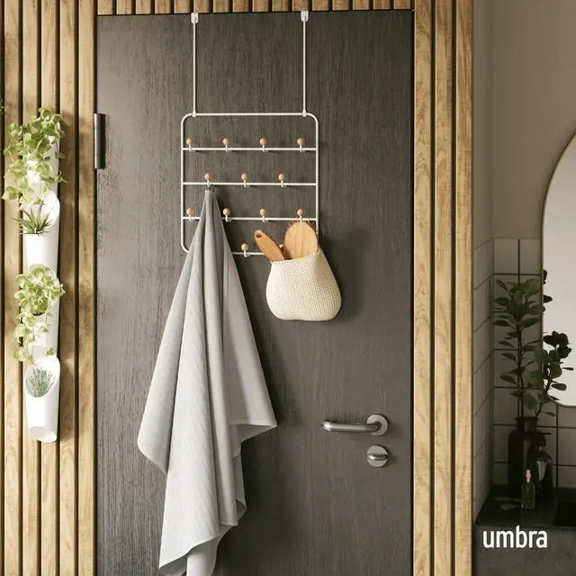Alt view image 2 of 7 - Estique Over The Door Coat Rack & Multi-Use Organizer For Coats Bags Hats & More White/Natural