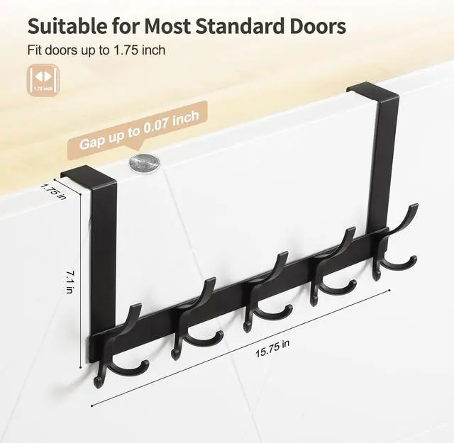 Alt view image 2 of 7 - Over The Door Hooks for Hanging Over The Door Hanger Over The Door Towel Rack for Bathroom with 5 Triple Coat Hooks Bathroom Towel Holder Towels Hanger (Black 1 Pack)