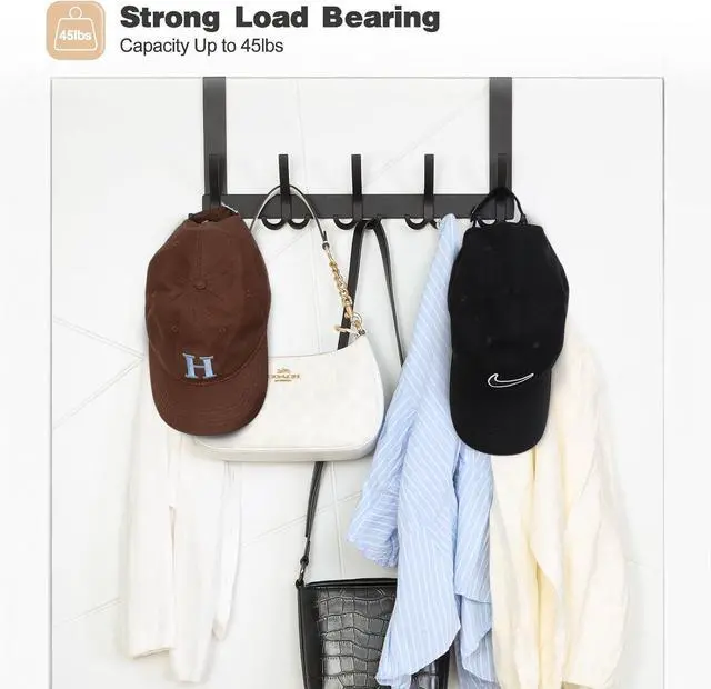 Alt view image 4 of 7 - Over The Door Hooks for Hanging Over The Door Hanger Over The Door Towel Rack for Bathroom with 5 Triple Coat Hooks Bathroom Towel Holder Towels Hanger (Black 1 Pack)