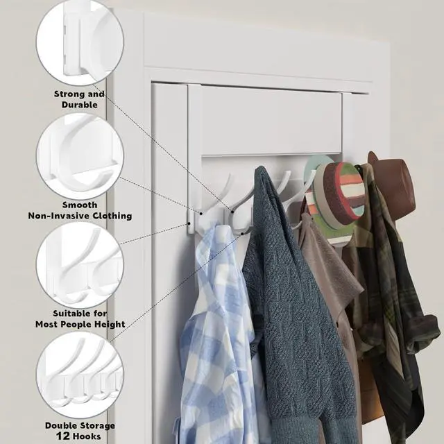 Alt view image 4 of 7 - Over The Door Hooks Sturdy Door Hanger Large Over The Door Towel Rack with 12 Hooks Heavy Duty Easy to Install for Bathroom BedroomKitchenHanging Towels Coats (White)