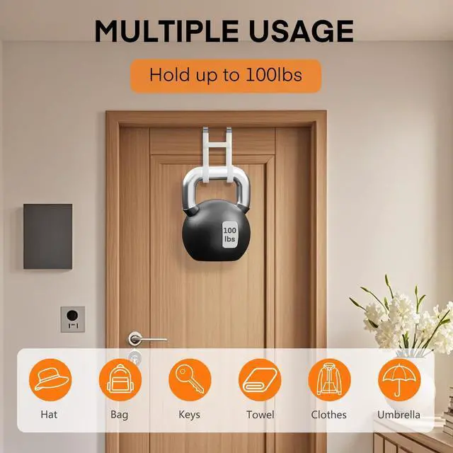 Alt view image 4 of 7 - Over The Door Hooks - 2 Pack Heavy Duty Dual-Hook Organizer Hanger with Non-Slip Rubber for Towels Clothes Hats & Bags Use in Bathroom Bedroom Kitchen - Fits Interior Doors Up to 1 3/8 White