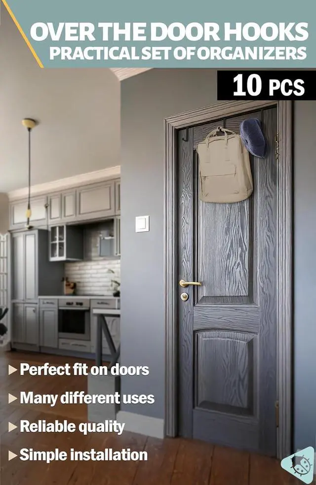 Alt view image 3 of 7 - Over The Door Hooks 10 Pack 2-Sided Fits 1 3/8 & 1 3/4 Door Bathroom Towel Hook with Anti-Scratch Pads and Non-Slip Dots L 3 Wreath Hanger Thin Overdoor Organizer Dorm Travel Essentials
