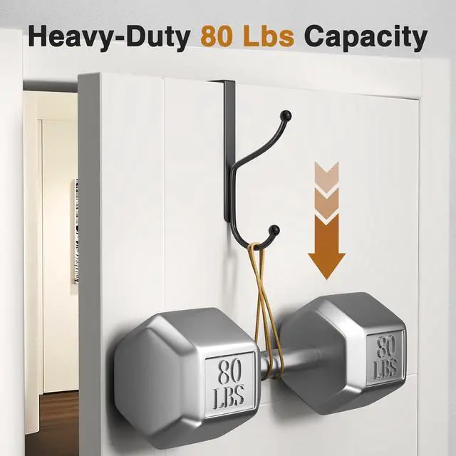 Alt view image 2 of 7 - Over Door Hook 2-Pack - Heavy Duty Door Hook with Support Pads No Drilling Required Anti-Rust Door Hanger 6.5 Inches Tall Fits Interior Doors Up to 1? Inches Thick Alloy Metal Black