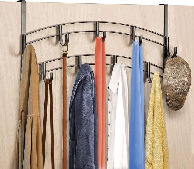 Alt view image 3 of 4 - Professional? Home? Over Door Hooks Rack - 9 Hook Over Door Hanger - Over Door Towel Rack - Hanging Towels or Clothes - Bathroom Bedroom or Laundry Room - Lifetime Ltd. Warranty - Bronze