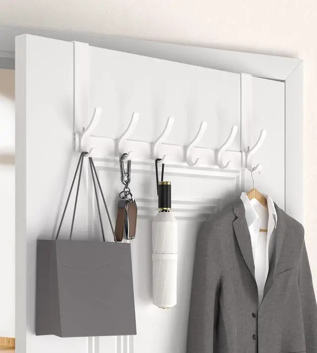 Main image of Over The Door Hooks Hanger with 7 inches Extended Arms Tool-Free Assembly Fits 1 3/8 Doors F18U Bathroom Towel Rack Organization Thickened 6-Double Hook Glossy White