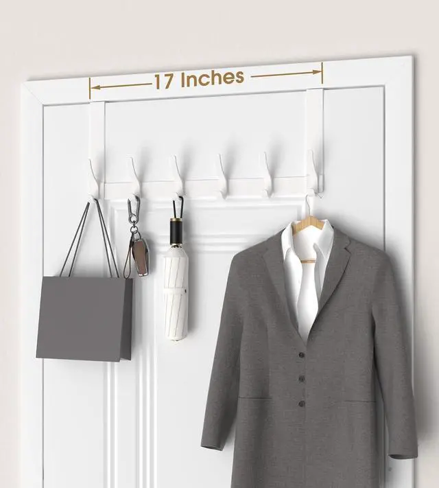 Alt view image 4 of 7 - Over The Door Hooks Hanger with 7 inches Extended Arms Tool-Free Assembly Fits 1 3/8 Doors F18U Bathroom Towel Rack Organization Thickened 6-Double Hook Glossy White