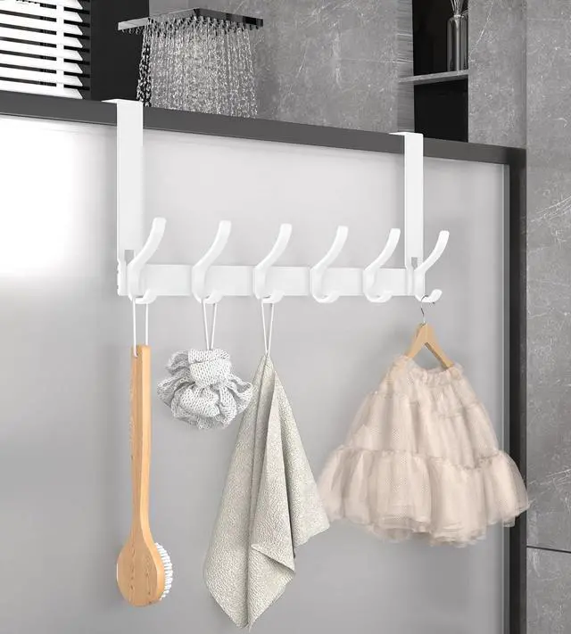Alt view image 7 of 7 - Over The Door Hooks Hanger with 7 inches Extended Arms Tool-Free Assembly Fits 1 3/8 Doors F18U Bathroom Towel Rack Organization Thickened 6-Double Hook Glossy White