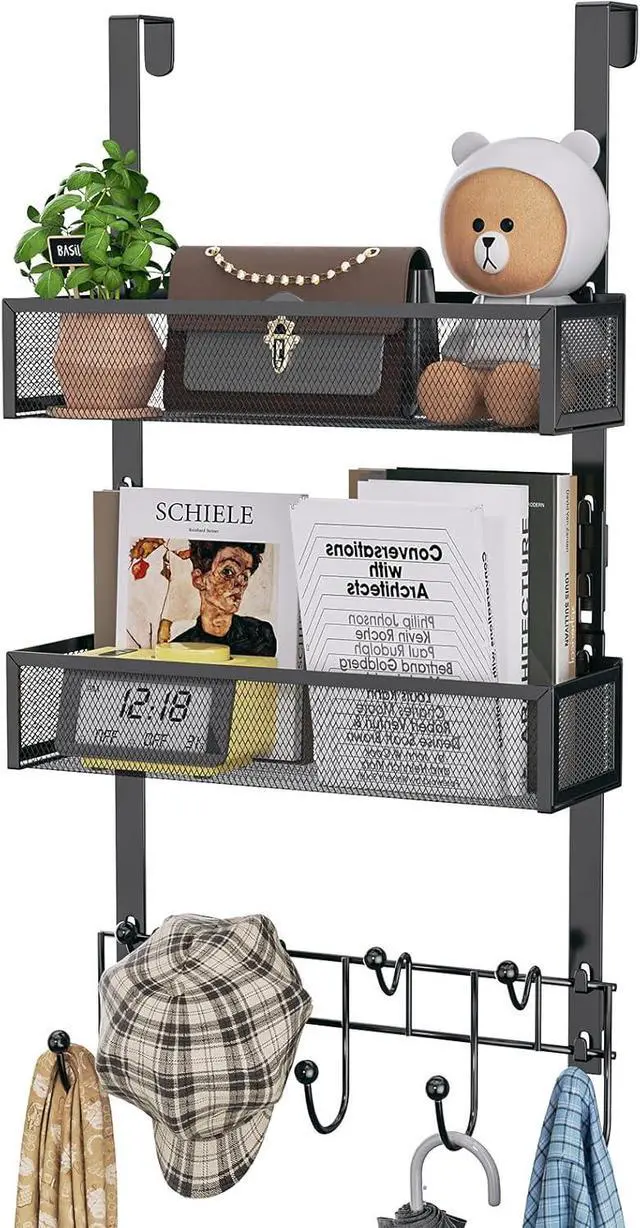 Main image of Over The Door Hanger with Coat Hooks and 2 Baskets Rustproof & Waterproof Over The Door Hooks Storage Organizer for Hats Bathroom Kitchen Bedroom-Black (for 1.76in Doors)