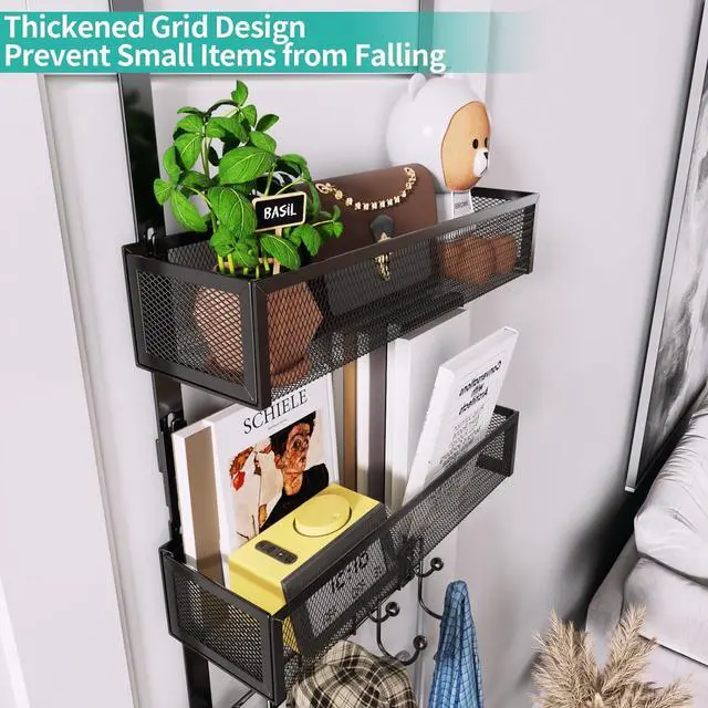 Alt view image 2 of 7 - Over The Door Hanger with Coat Hooks and 2 Baskets Rustproof & Waterproof Over The Door Hooks Storage Organizer for Hats Bathroom Kitchen Bedroom-Black (for 1.76in Doors)