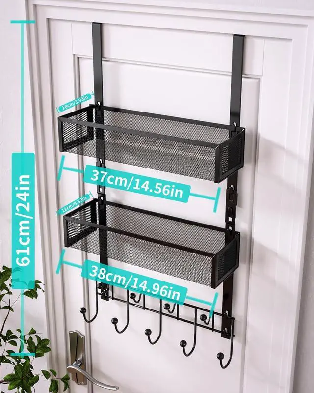 Alt view image 5 of 7 - Over The Door Hanger with Coat Hooks and 2 Baskets Rustproof & Waterproof Over The Door Hooks Storage Organizer for Hats Bathroom Kitchen Bedroom-Black (for 1.76in Doors)