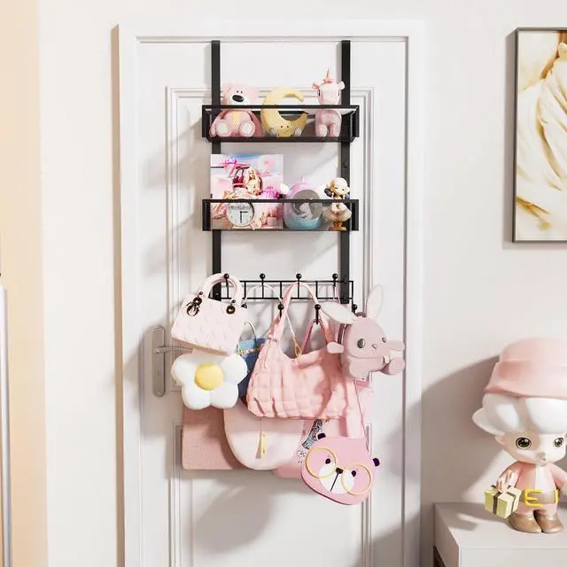 Alt view image 6 of 7 - Over The Door Hanger with Coat Hooks and 2 Baskets Rustproof & Waterproof Over The Door Hooks Storage Organizer for Hats Bathroom Kitchen Bedroom-Black (for 1.76in Doors)