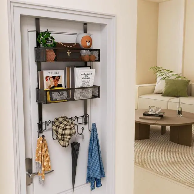 Alt view image 7 of 7 - Over The Door Hanger with Coat Hooks and 2 Baskets Rustproof & Waterproof Over The Door Hooks Storage Organizer for Hats Bathroom Kitchen Bedroom-Black (for 1.76in Doors)