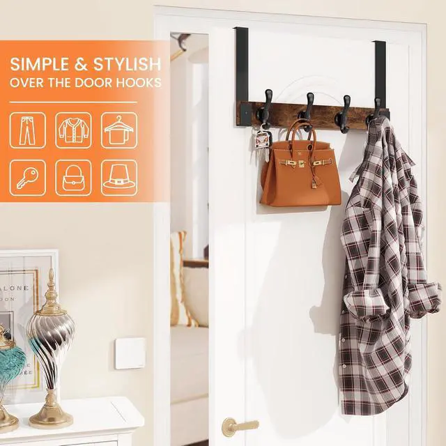 Alt view image 3 of 7 - Over The Door Hooks Heavy Duty Wood Over Door Hanger Hook with Coat Hooks for Hanging Towels Clothes Hats Bags - Rustic Brown Black