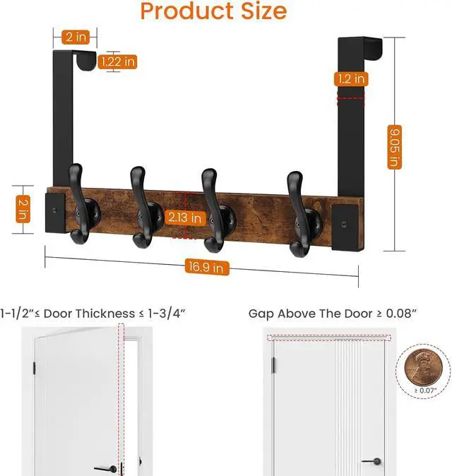 Alt view image 6 of 7 - Over The Door Hooks Heavy Duty Wood Over Door Hanger Hook with Coat Hooks for Hanging Towels Clothes Hats Bags - Rustic Brown Black