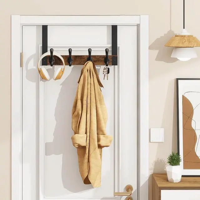 Alt view image 7 of 7 - Over The Door Hooks Heavy Duty Wood Over Door Hanger Hook with Coat Hooks for Hanging Towels Clothes Hats Bags - Rustic Brown Black