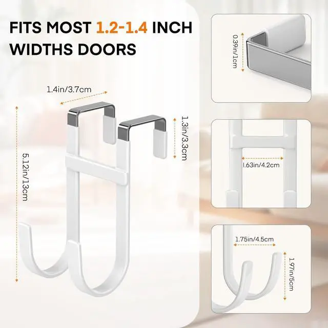 Alt view image 2 of 7 - Over The Door Hooks - 2 Pack Heavy Duty Dual-Hook Organizer Hanger with Non-Slip Rubber for Towels Clothes Hats & Bags Use in Bathroom Bedroom Kitchen - Fits Interior Doors Up to 1 3/8 White